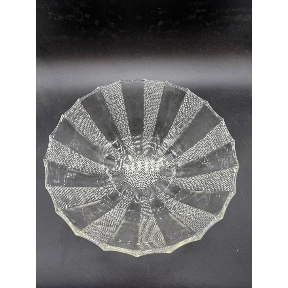 Vintage Clear Glass Scalloped Bowl Textured Stippled Stripe‎ Sunburst 8.5 Inch